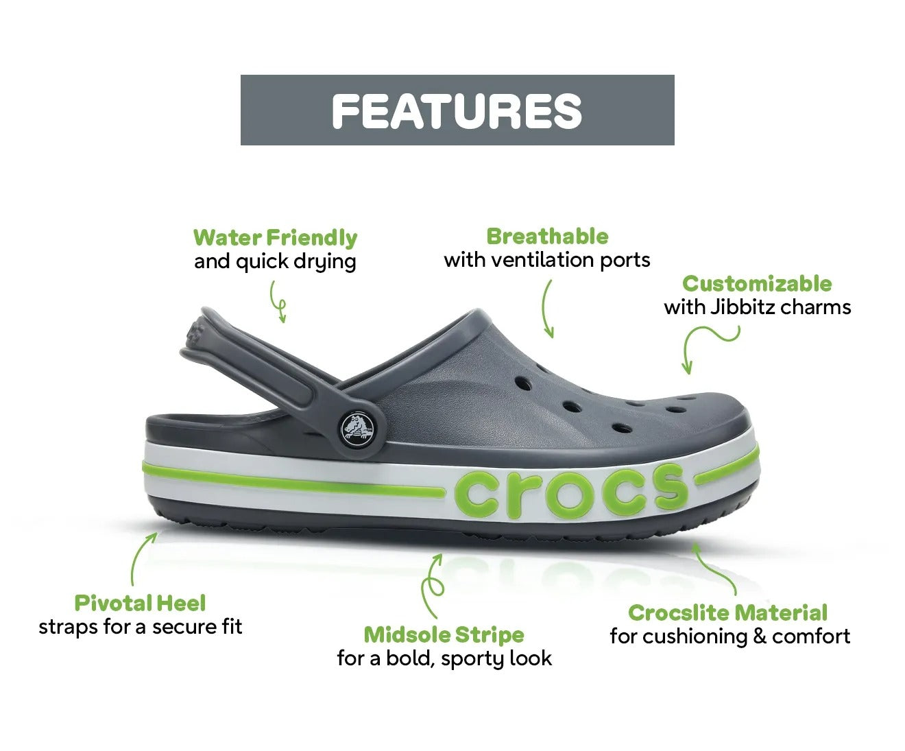 Crocs Bayaband Casual Sandal (Slate Grey - Lime Punch)